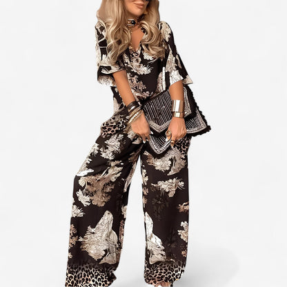 Eleganter und leichter V-Ausschnitt-Top mit langen Hosen für den Sommer