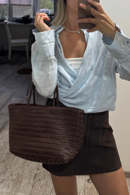 Echte Leder Schultertasche Weben Lässige Einkaufstasche