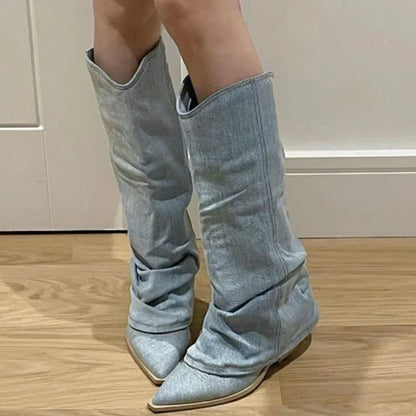 Polly - Trendige kniehohe Stiefel aus Denim